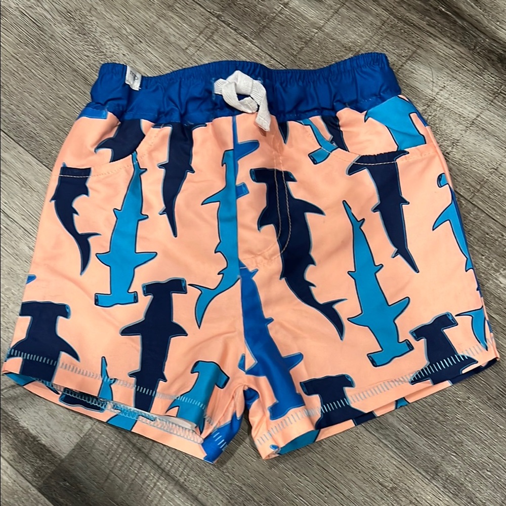 Mud Pie Blue and Orange Shark Print Swim Shorts